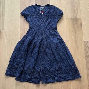 Johnny Was navy blue eyelet dress